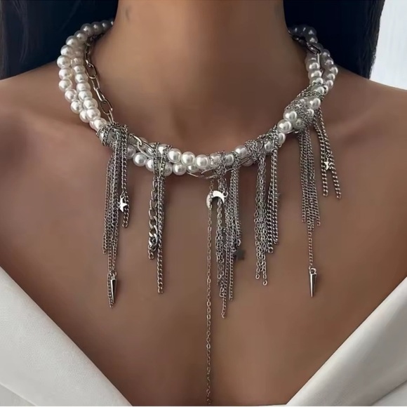 Pearl Star Tassel Multilayer Silver Necklace Tik tok Famous - Picture 2 of 8